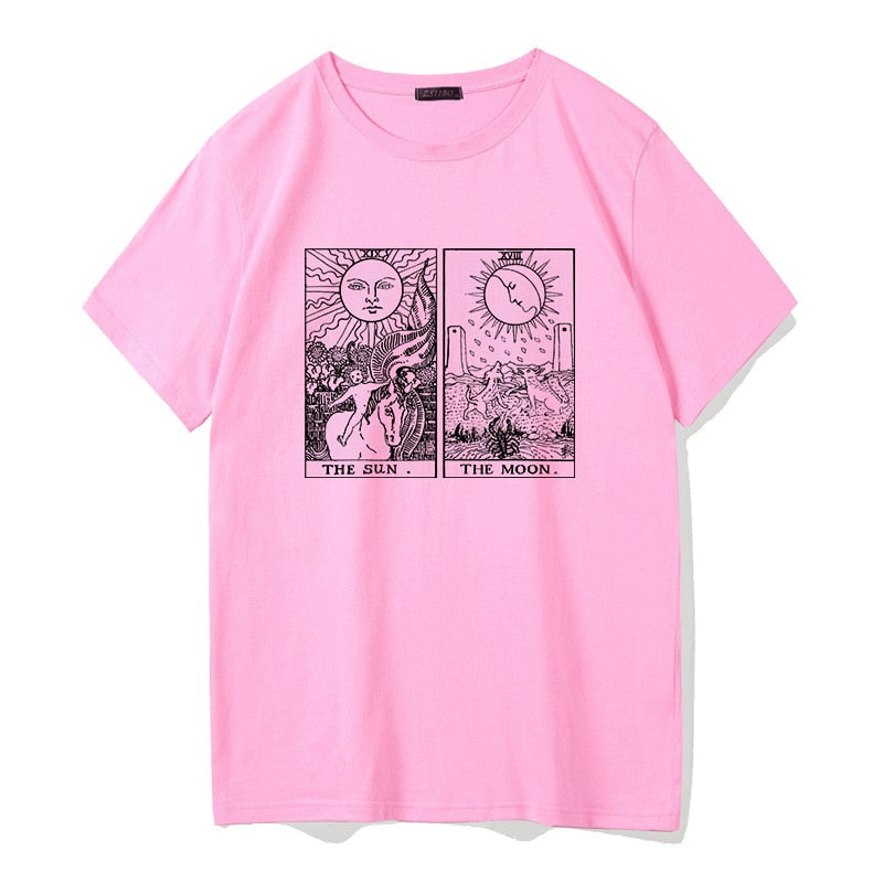 Mojoyce The soon & The moon T-shirt fashion vintage women's dark pattern printing loose Street style punk top Gothic Harajuku T-shirt