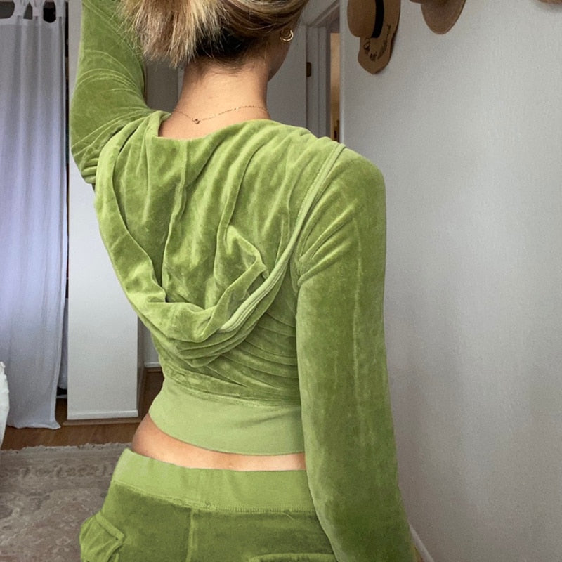 Mojoyce   Vintage Fashion Green Velour Autumn Tracksuit Women Zip Up Hoodie And Pants Suits Two Piece Set Workout Solid Outfits