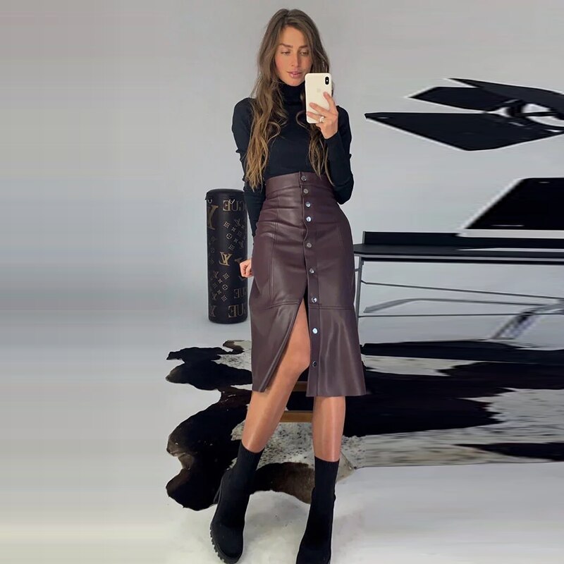 Mojoyce Casual Single-Breasted PU Leather A-Line Midi Skirts Autumn Winter Home Wear Warm Office Lady Skirts New Arrival
