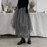 Mojoyce Gothic Gray Tulle Long Irregular Pleated Skirts Elastic High Waist A-Line Mesh Midi Skirts Vintage Punk Streetwear Streetwear