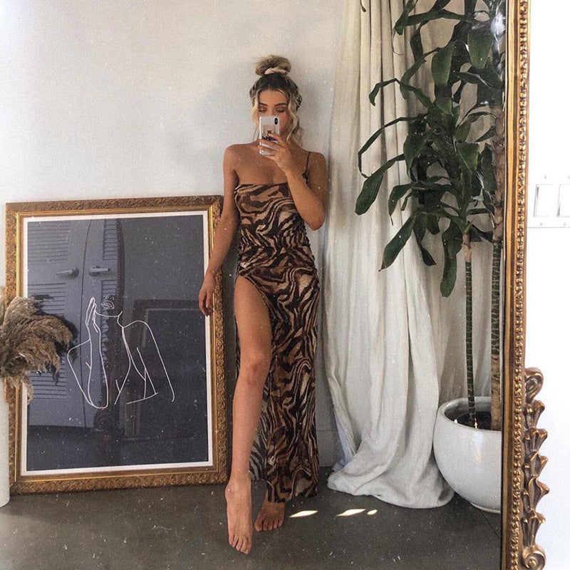 Mojoyce Tiger Print Sexy Long Maxi Dresses for Women Gowns Party Club One Shoulder High Slit Backless Bodycon Dress