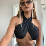 Mojoyce Halter Sexy Strapless Wrap Crop Tops Women Fashion Ruched Tube Top Cropped Sexy Cross Halter Neck Crop Top