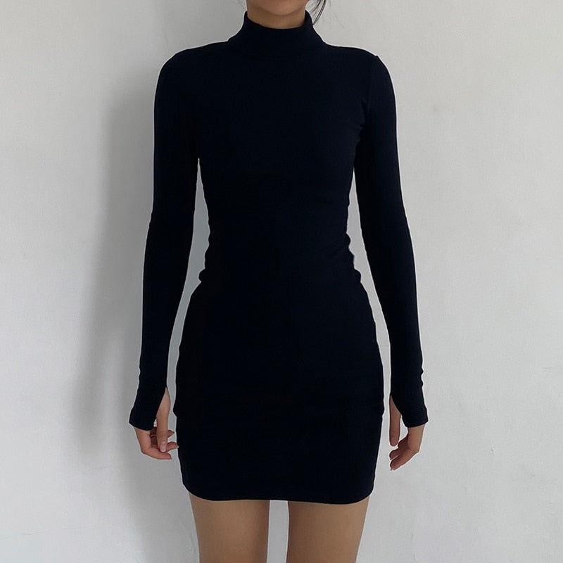 Mojoyce Autumn Fashion Solid Turtleneck Skinny Mini Dress Women Rib Knit Keep Warm Long Sleeve Slim Dress Streetwear