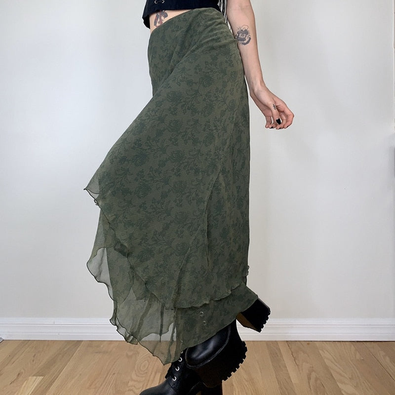 Mojoyce 2000S Aesthetic  Lady Irregular Elegant High Waist Midi Skirts Grunge Ruffles Chiffon Skirt Vitnage Streetwear Green Clothes
