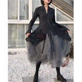 Mojoyce Gothic Gray Tulle Long Irregular Pleated Skirts Elastic High Waist A-Line Mesh Midi Skirts Vintage Punk Streetwear Streetwear