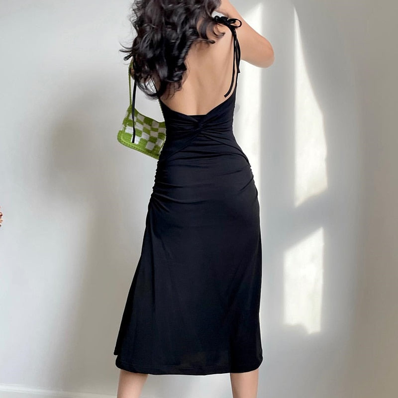 Mojoyce  Fashion Strappy Ruched Black Dress Irregular Elegant Backless Long Dress Party Summer Dresses Women 2023 Clothes