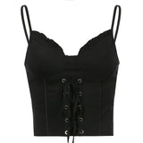 Mojoyce   Mall Goth V Neck Strap Corset Top Fashion Lace Up Punk Style Crop Top Ruffles Slim Summer Tops Female Gothic Clothes