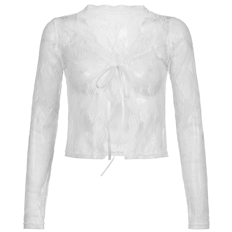 Mojoyce White Lace Sexy Mesh Cropped T Shirt Ladies Autumn Grunge Goth