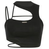 Mojoyce Summer Black Sleeveless Crop Top Women Bandage Basic Casual Tanks Camis Tops Tees Fitness Hollow Out Camisole