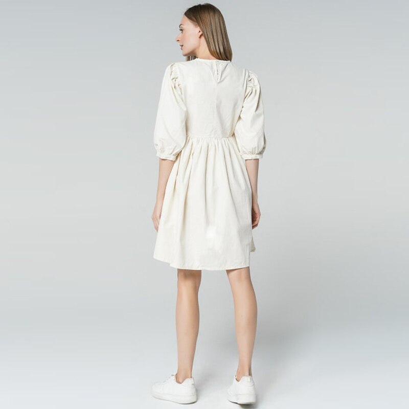 Mojoyce O-Neck Puff Sleeve Folds A-Line Casual Dress Autumn Half Sleeve Loose Comfort Office Lady Midi Dresses For Women