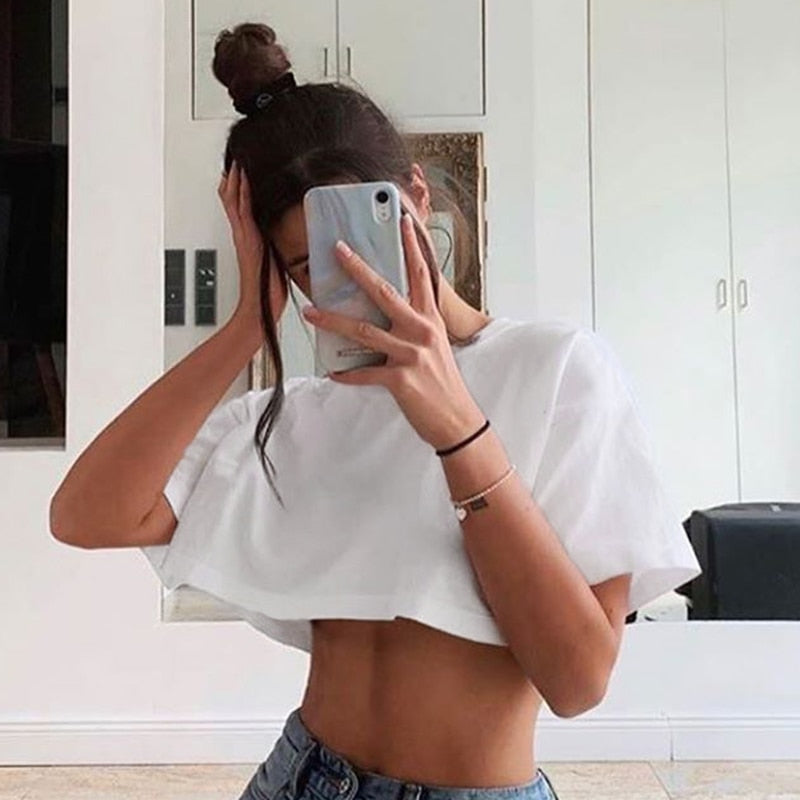 Mojoyce   Casual Loose Cotton White Tshirt Women Solid Crop Top Short Sleeve Streetwear Summer T-Shirts 2022 Tee Shirts Clothes