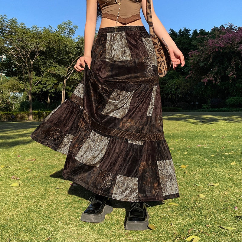 Mojoyce   Vintage Y2K Brown Fairycore Grunge Patchwork Long Skirt Autumn Fashion Gothic Graphic Printed High Waist Skirt Female
