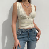 Mojoyce  Y2K Sweet Cute V Neck Bodycon Sexy Tank Top Fashion 2000S Aesthetic Summer Cropped Vest Slim Bow Lace Top Women Cloth