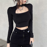 Mojoyce Heyoungirl Cut Out Black Harajuku Crop T Shirt Gothic Casual Basic Woman Tshirt Tops Long Sleeve Tee Shirt Women Cool Streetwear