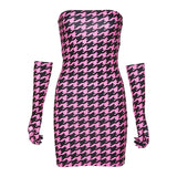 Mojoyce Houndstooth Print Mini Dress Hot Pink Strapless Off Shoulder Bodycon Dress With Gloves for Birthday Party Club ASDR60668