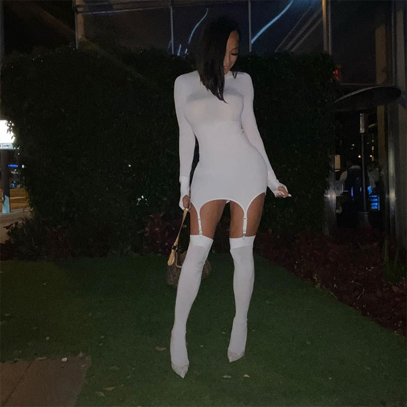 Mojoyce Solid Bodycon Garter Women Mini Dress With Stocking Long Sleeve Clubwear Skinny Party Dresses Autumn Hot Slim