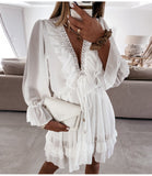 Mojoyce  Lace Women's Party Dress Elegant Long Sleeve Ruffle Chiffon White Dress Summer V Neck Ladies Wedding Clothing 2022