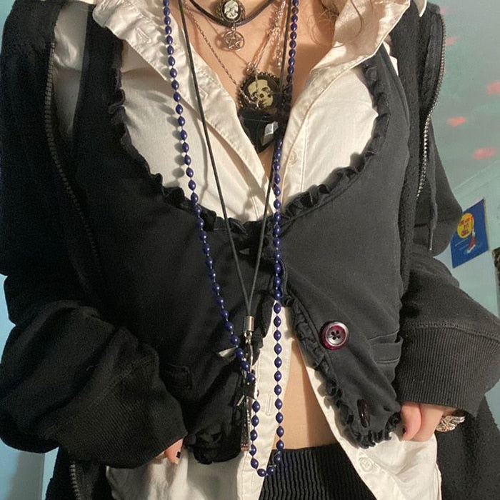 Mojoyce  Dourbesty Goth Ruffles Frill V Neck Mini Vest Punk Vintage Button Corset Top Sleeveless Skinny Waistcoats Grunge Fairycore Women