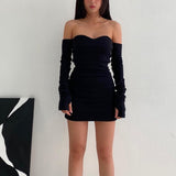 Mojoyce Fashion Off Shoulder Autumn Dress Female Long Sleeve Bodycon Solid Basic Casual Black Dresses Slash Neck Clothes