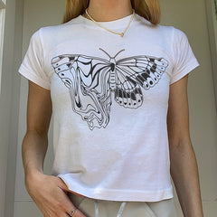 Mojoyce 2000s vintage short-sleeved T-shirt y2k aesthetic butterfly graphic print  slim crop top women's streetwear Harajuku basic Tee