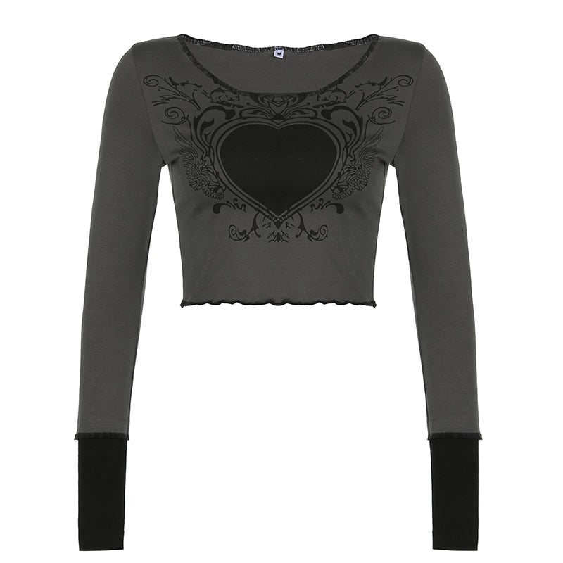 Mojoyce   Grunge Retro Fashion Heart Printed Autumn T-Shirts For Women Crop Top Dark Academia Gothic Clothes Aesthetic T Shirt