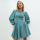 Mojoyce V-Neck Belt Folds Puff Sleeve Casual Dress Autumn Loose Comfort High Waist Office Lady A-Line Dresses For Women