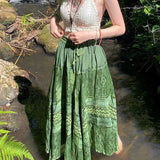 Mojoyce Vintage Green Grunge Fairycore Pleated Long Skirt Female Fashion Graphic Printed High Waist Skirt Drawstring Harajuku