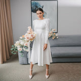 Mojoyce Sexy O-Neck A-Line Backless Midi Dress Autumn Elegant Folds Puff Sleeve High Waist Long Party Dresses For Women 2021