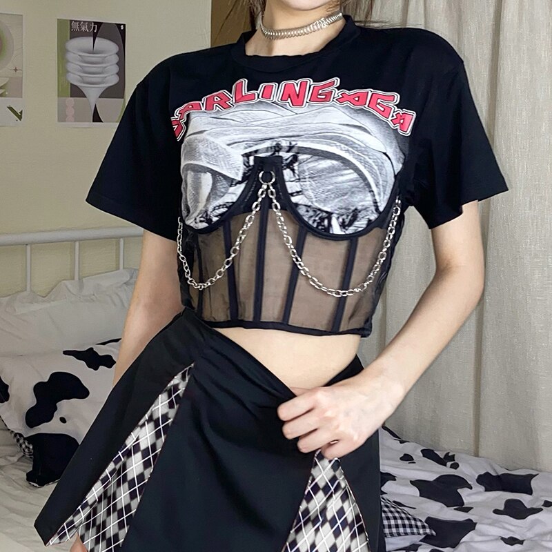 Mojoyce Streetwear Punk Style Patchwork Print Black T-Shirt Women Cropped Corset Top Transparent Summer T-Shirts Gothic Tees