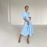 Mojoyce O Neck Backless Midi Party Dress Summer Elegant Puff Sleeve A line Solid Folds Night Club Dresses For Women 2022