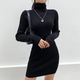 Mojoyce   Solid Long Sleeve Knitted Bodycon Autumn Winter Dress Women Mini Casual Basic Slim Turtleneck Dresses Black Vestidos