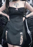 Mojoyce Women's Solid Sexy Black Bodycon Dress Lace Patchwork Bow Summer Mini Dresses Sleeveless Spaghetti Strap Short Dress