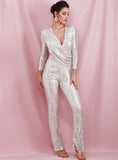 Mojoyce Sexy Silver Deep V-neck Draped Elastic Sequins bodycon Long Sleeve Party Jumpsuit LM82187