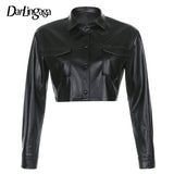 Mojoyce Darlingaga Streetwear Black Cropped PU Leather Jackets Buttons Pockets Basic Autumn Winter Jacket Women Coat Moto Outwear Punk