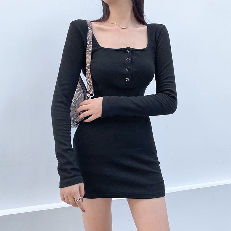 Mojoyce   Square Neck Ribbed Cotton Long Sleeve Casual Black Dress Female Buttons Slim Basic Autumn Winter Dresses Mini Ladies