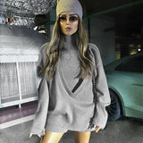 Mojoyce V-Neck Loose Harajuku Gray Pullover Women Long-Sleeved Shirt And Turtleneck Tank Top 2 Pieces Set Sexy Knitted Sweaters
