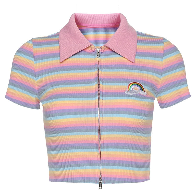Mojoyce Rainbow Pink Strips Cute Summer Butterfly Print Slim Crop Top Pink Contrast Striped Short Sleeve Women T-Shirt Streetwear