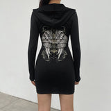 Mojoyce   Gothic Grunge Fairycore Wings Printed Graphic Zipper Hooded Bodycon Dress Women Dark Academia Autumn Mini Dresses Y2K