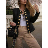 Mojoyce Enland Style Women Coat Vintage Golden Button Design Jacket Ladies Long Sleeve Jackets Cropped Coats Formal Black Blazer