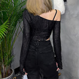 Mojoyce Women Sexy Long Sleeve Hollow Out Crop Top See-Through Solid Color Off-Shoulder Irregular Exposed Navel T-Shirt Spring Summer