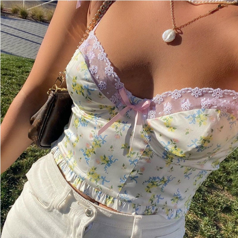 Mojoyce Frill Lace Floral Print Y2K Crop Top Women Summer Sleeveless Cute Camis Top Ladies Backless Casual Mini Vest Fashion