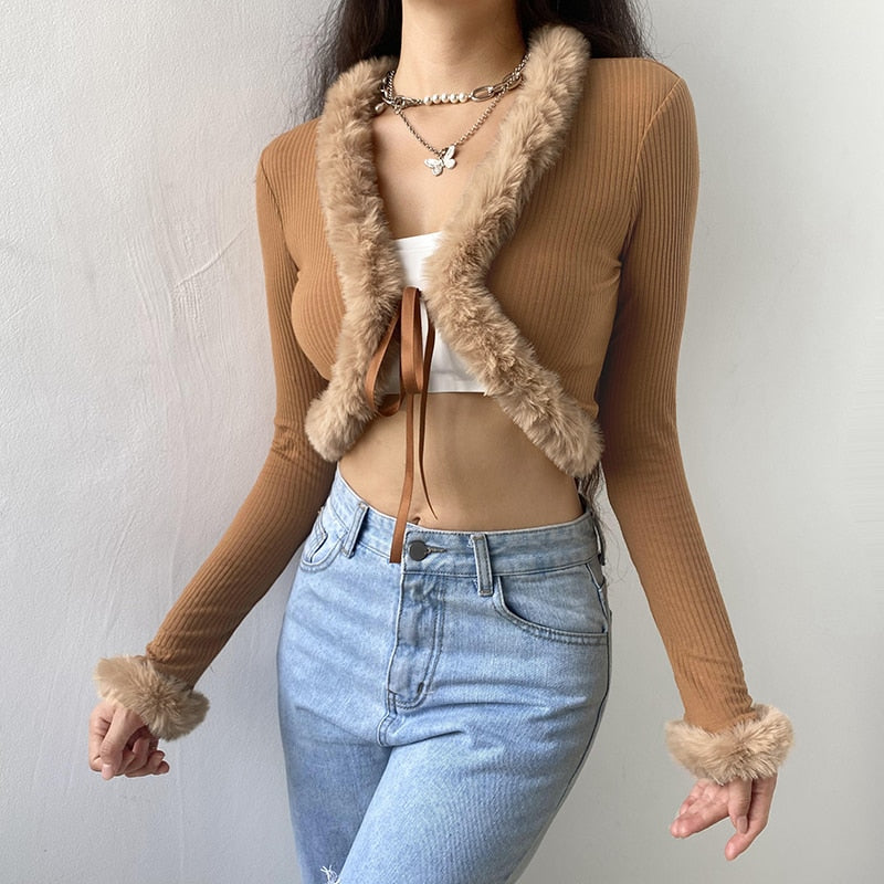 Mojoyce Autumn Winter Faux Fur Trim Long Sleeve T-Shirts Front Tie Up Knitted T Shirt Women Cardigan Cropped Top Tee New