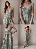 Mojoyce Casual green sling print women dress Summer V-neck holiday style maxi dress Elegant High-waist lace-up ruffle dress