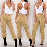 Mojoyce Cool Girl Drawstring Cargo Pants Women Pockets Design Buckle Military Combat Long Pants Casual Trouser Girls Army Trousers