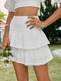 Mojoyce Holiday puff short sleeve square collar women skirt set white Summer a-line ruffle lace up suit Hollow out two piece set