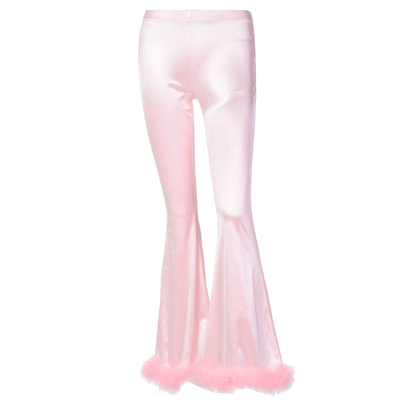 Mojoyce Party Pink Long Pants Faux Fur Fluffy Satin Women Flare Pants High Waist Bell Trousers Bodycon Sexy Autumn Winter Bottoms