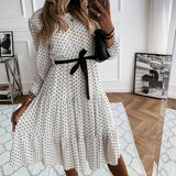 Mojoyce Casual O Neck A Line Dot Midi White Dress Summer Lantern Sleeve Sashes Flounced Edge Chiffon Dresses For Women 2022