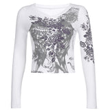 Mojoyce   Retro Fairycore Printed Y2K Graphic T Shirts Women Fashion Slim Dark Academia Crop Tops Chic Grunge Autumn Baby Tees