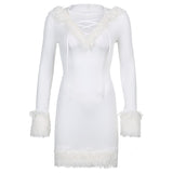 Mojoyce Furry White Bodycon Mini Dresses Women Autumn Long Sleeve Hooded V Neck Dress Skinny Fuzzy Party Streetwear Winter