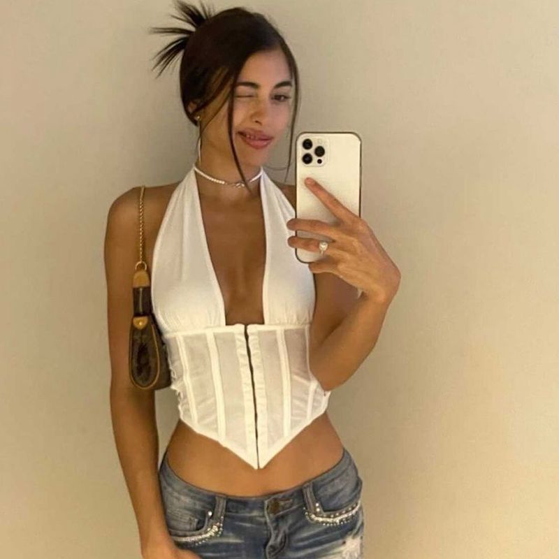 Mojoyce Sexy Black White Backless Halter Crop Top Women Summer Deep V Sleeveless Tanks Camis Top Lace Up Camisole ASNVE83440